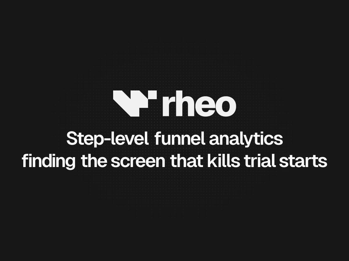 Rheo experiments dashboard showing A/B test variants and step-level funnel analytics