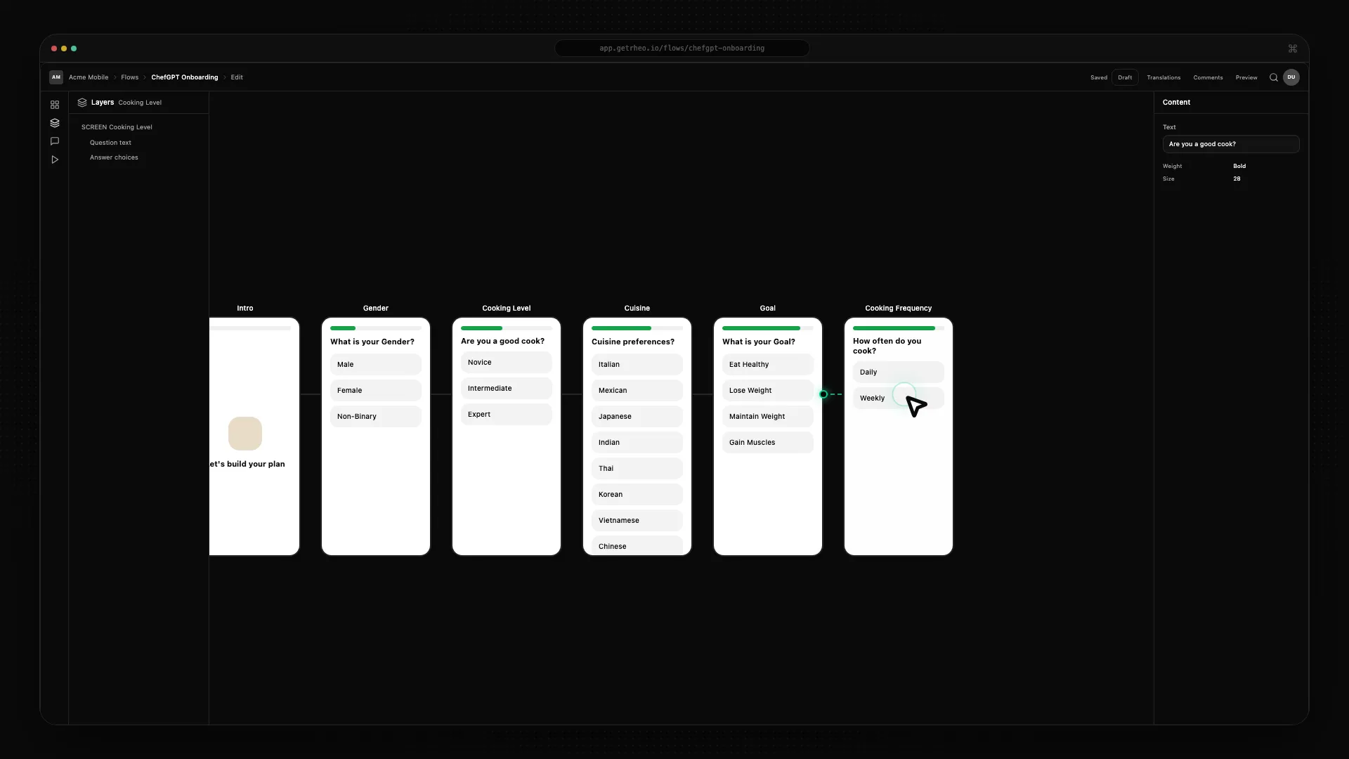 Rheo flow canvas with screens connected in the visual editor