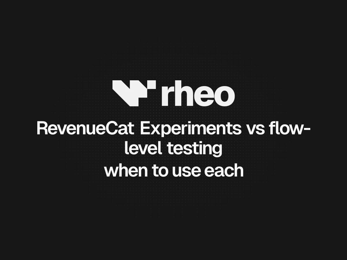 Rheo flow canvas with a RevenueCat paywall node and branching experiment paths